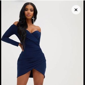 Party Club Dress Stretchy Ruched Off shoulder Navy